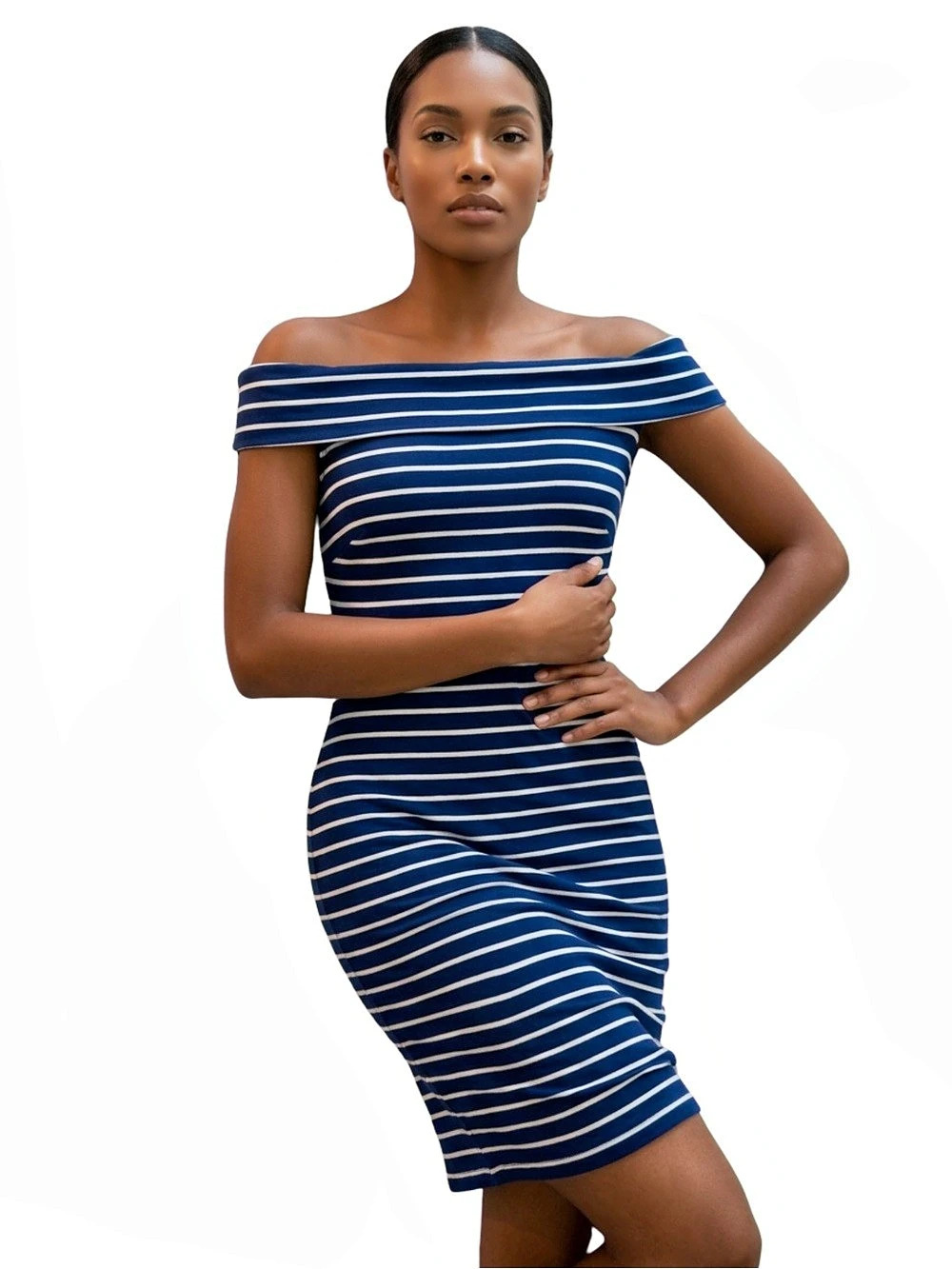 Lauren Ralph Lauren Striped Stretchy Off-Shoulder Dress in Blue & White Size 8